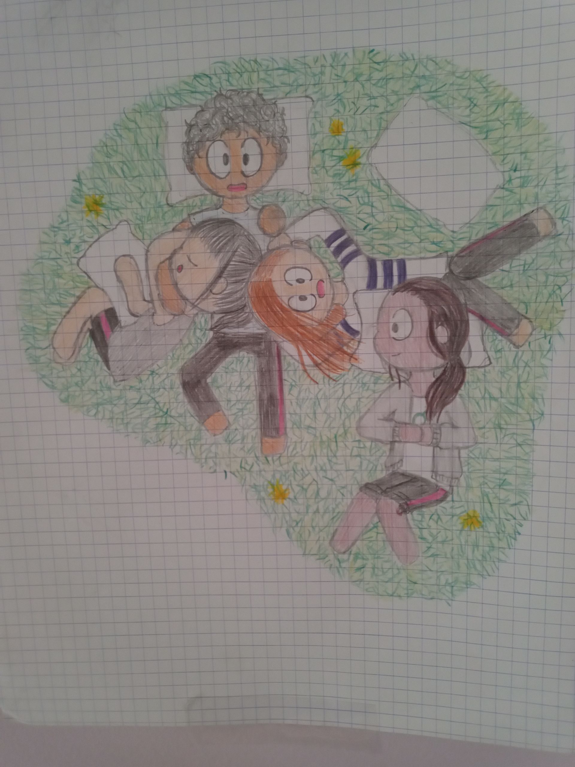 dessin de quatre amis dans l'herbe